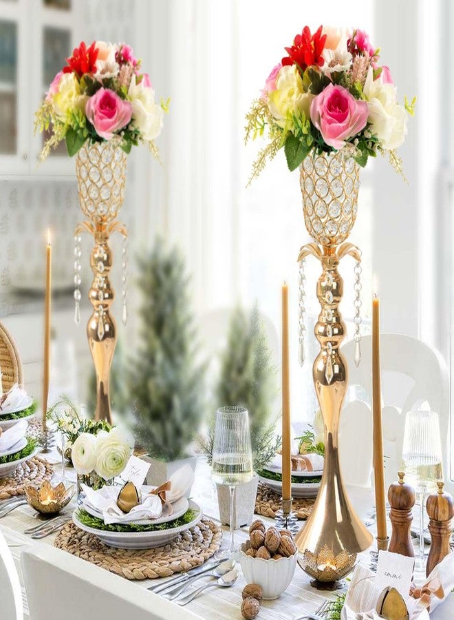 Kehail 2Pcs Gold Crystal Metal Vase Set - Tulip & Trumpet Wedding Centerpieces, Artificial Flower Arrangement Vases for Home Decor, Restaurant Table Displays - Image 4